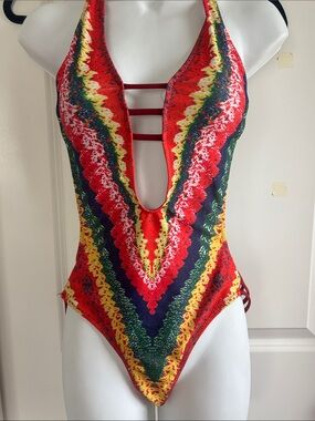 Vibrant Red Multicolor Deep V One-Piece Swimsuit